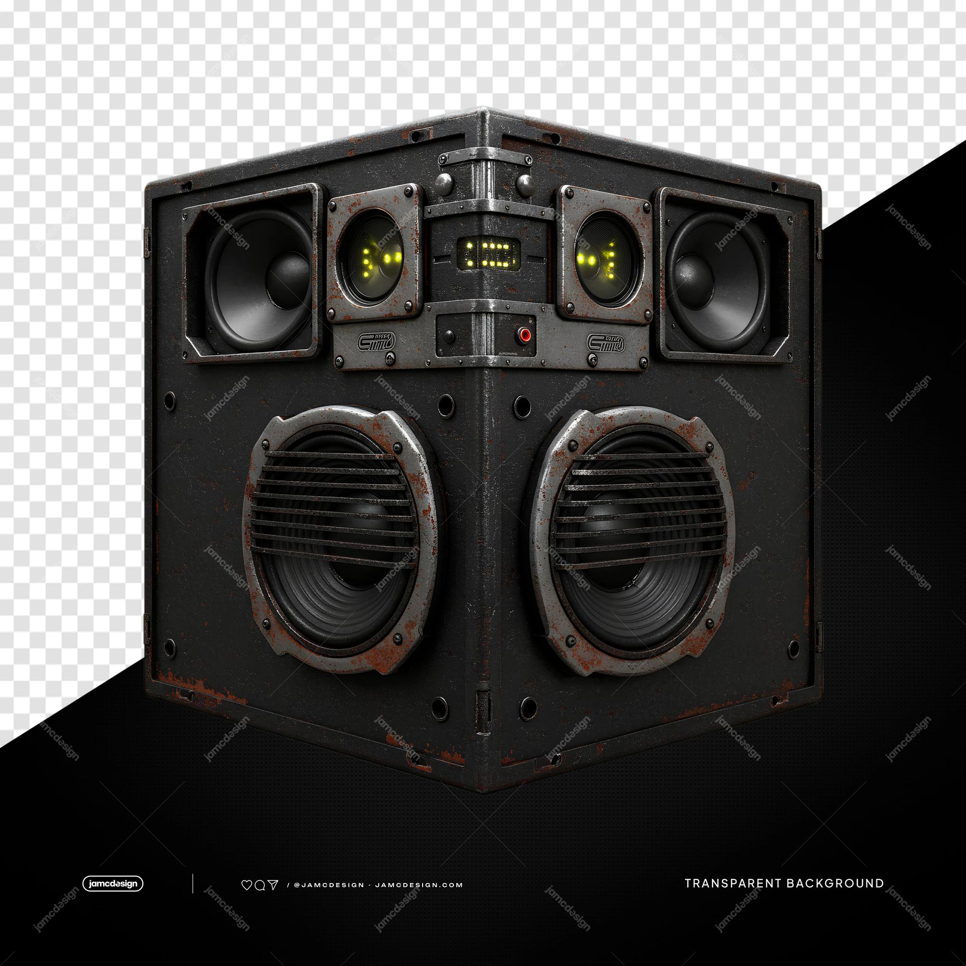 Black Corner Speaker Stack With Twin Subwoofers PNG Transparent. A PNG transparent object showing a black corner speaker cabinet with twin subwoofers