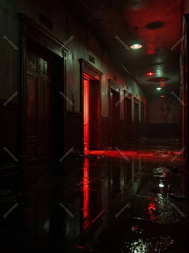 Red Teal Industrial Horror Hallway Dark Doors JPG Background
