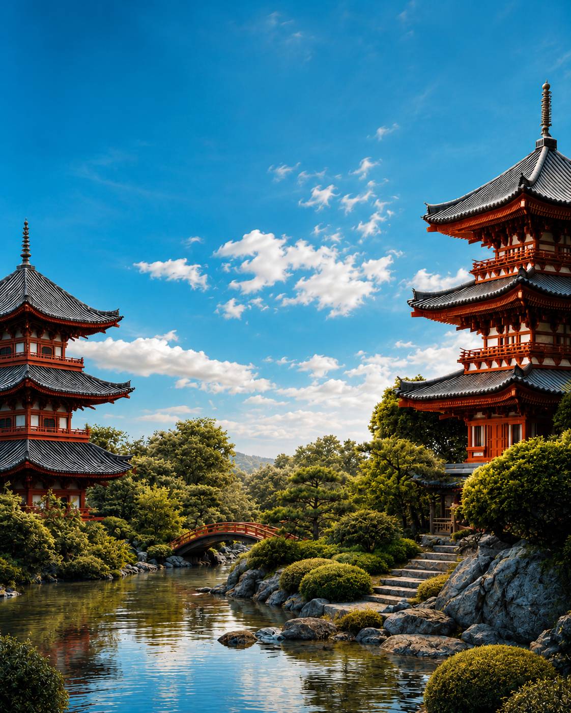 Japanese Pagoda Temple Garden River Background
