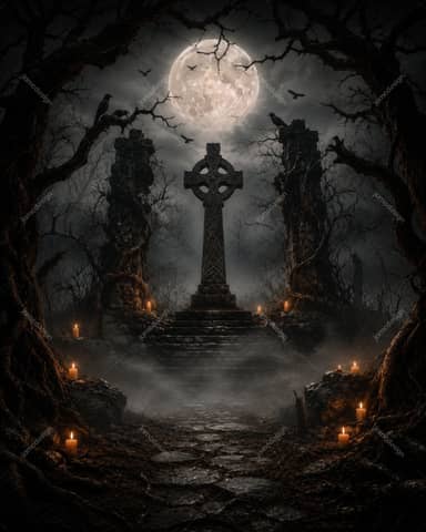 Foggy Chapel Entrance Full Moon Halloween Background