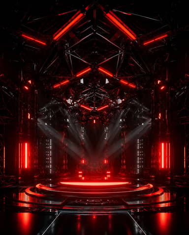 Red Neon Futuristic DJ Stage with Metal Truss Lighting Background