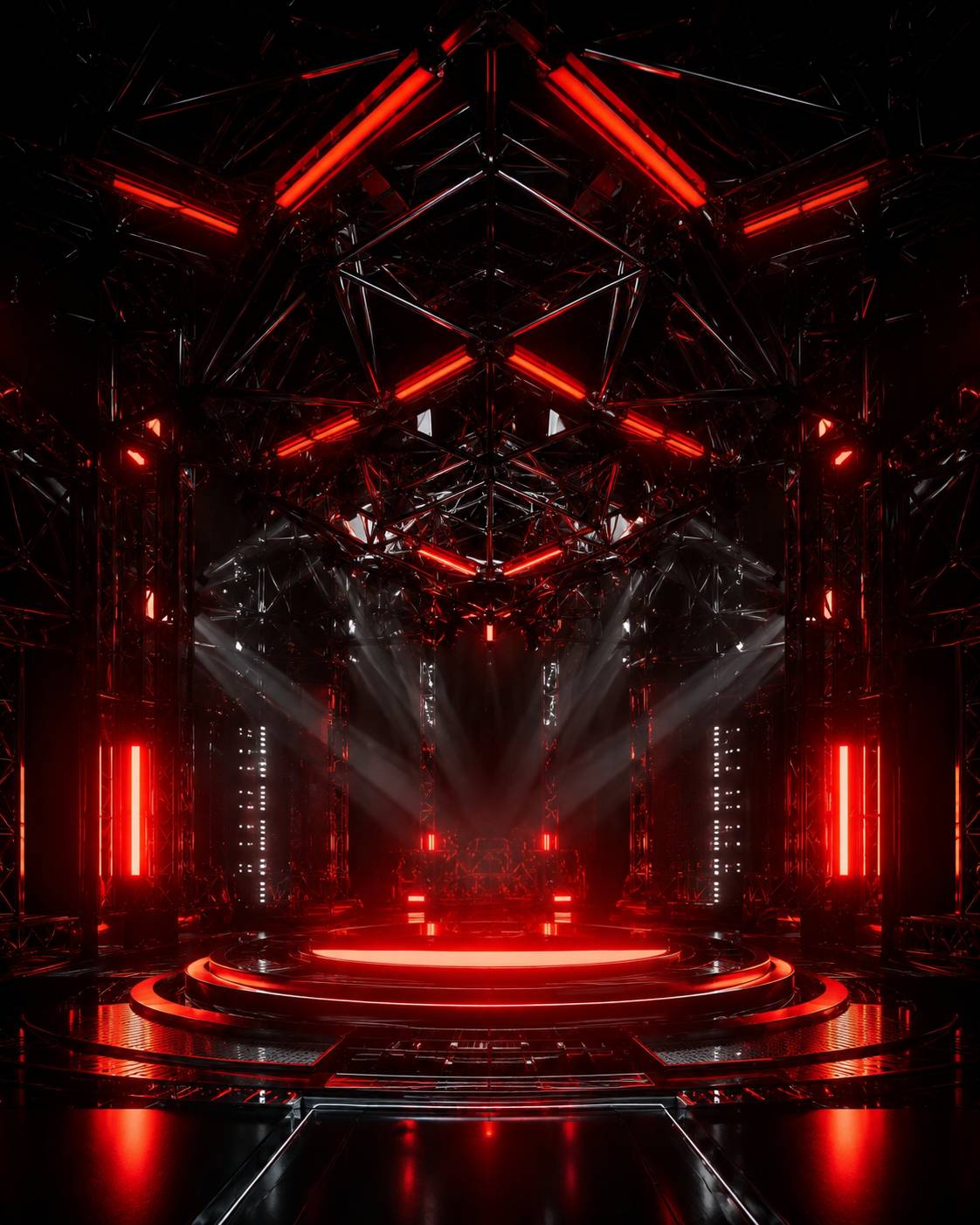 Red Neon Futuristic DJ Stage with Metal Truss Lighting Background