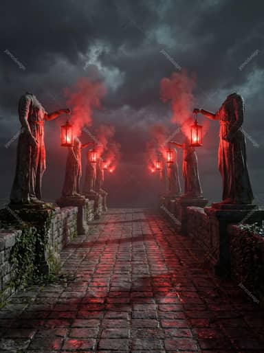 Headless Statues Red Lantern Path Crimson Stone Walkway Background JPG