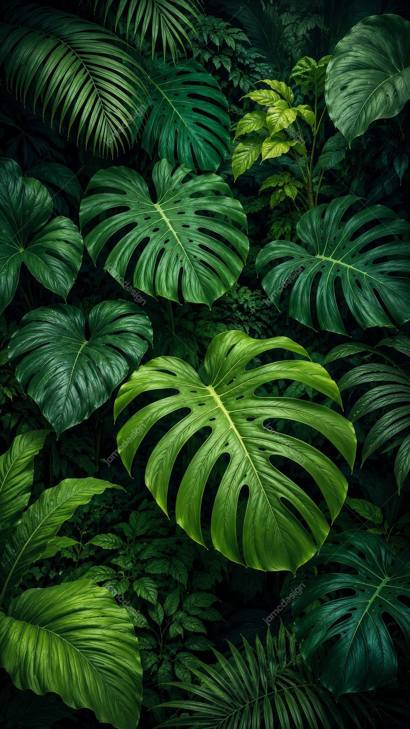 Lush Tropical Green Monstera Leaves Jungle Background