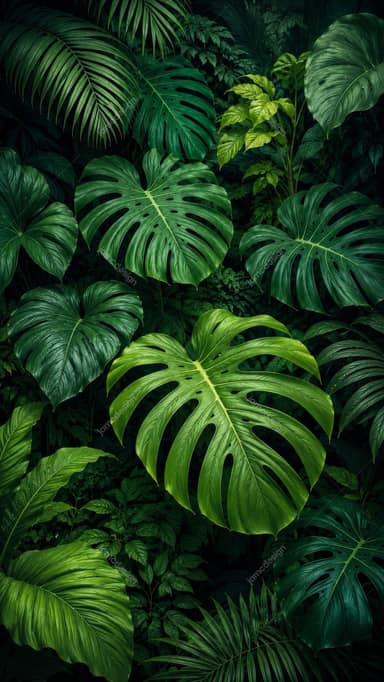 Fundo Exuberante de Selva Tropical Verde com Folhas de Monstera