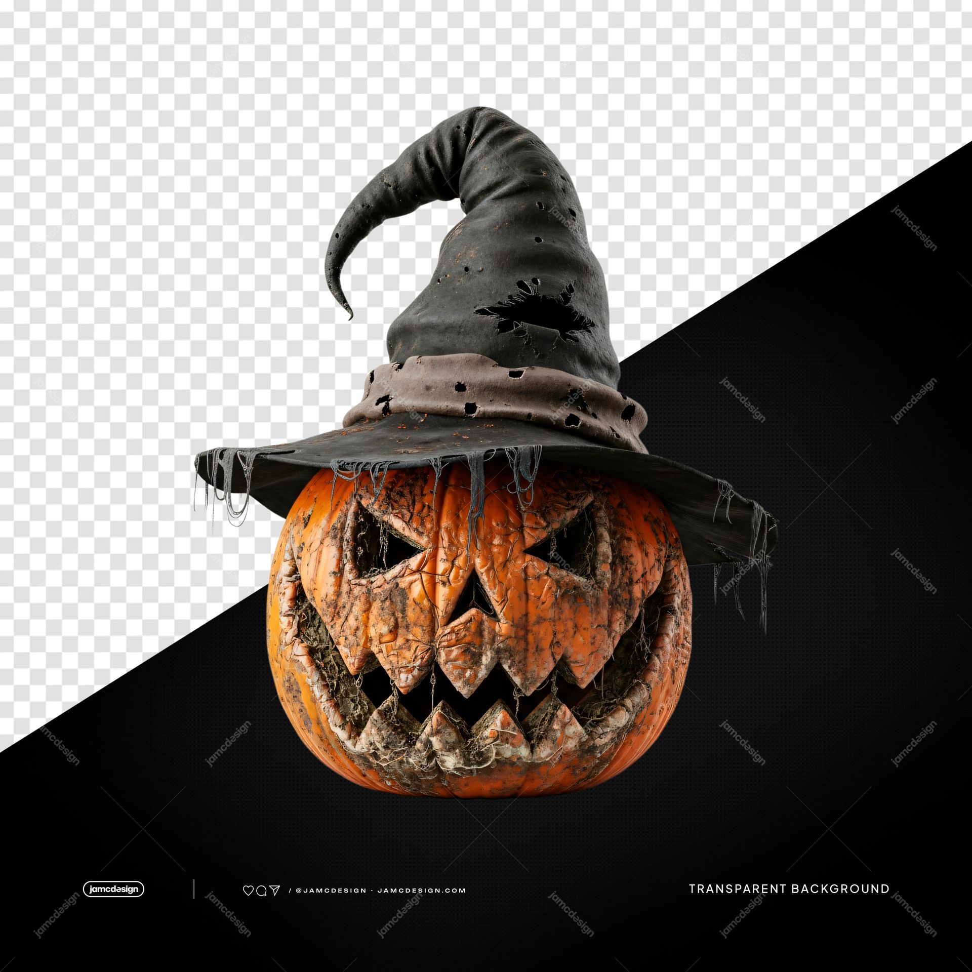 Black Witch Hat Pumpkin Scary Face Orange Object PNG Transparent. PNG transparent object featuring a distressed black witch hat perched on a carved orange