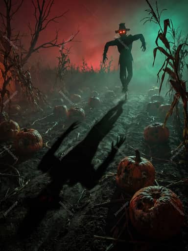 Glowing Eyed Scarecrow In Pumpkin Field Teal Fog Silhouette Background JPG