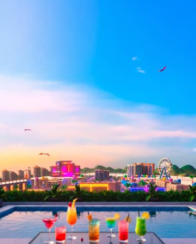 Tropical Rooftop Pool Party City Sunset Background with Cocktails