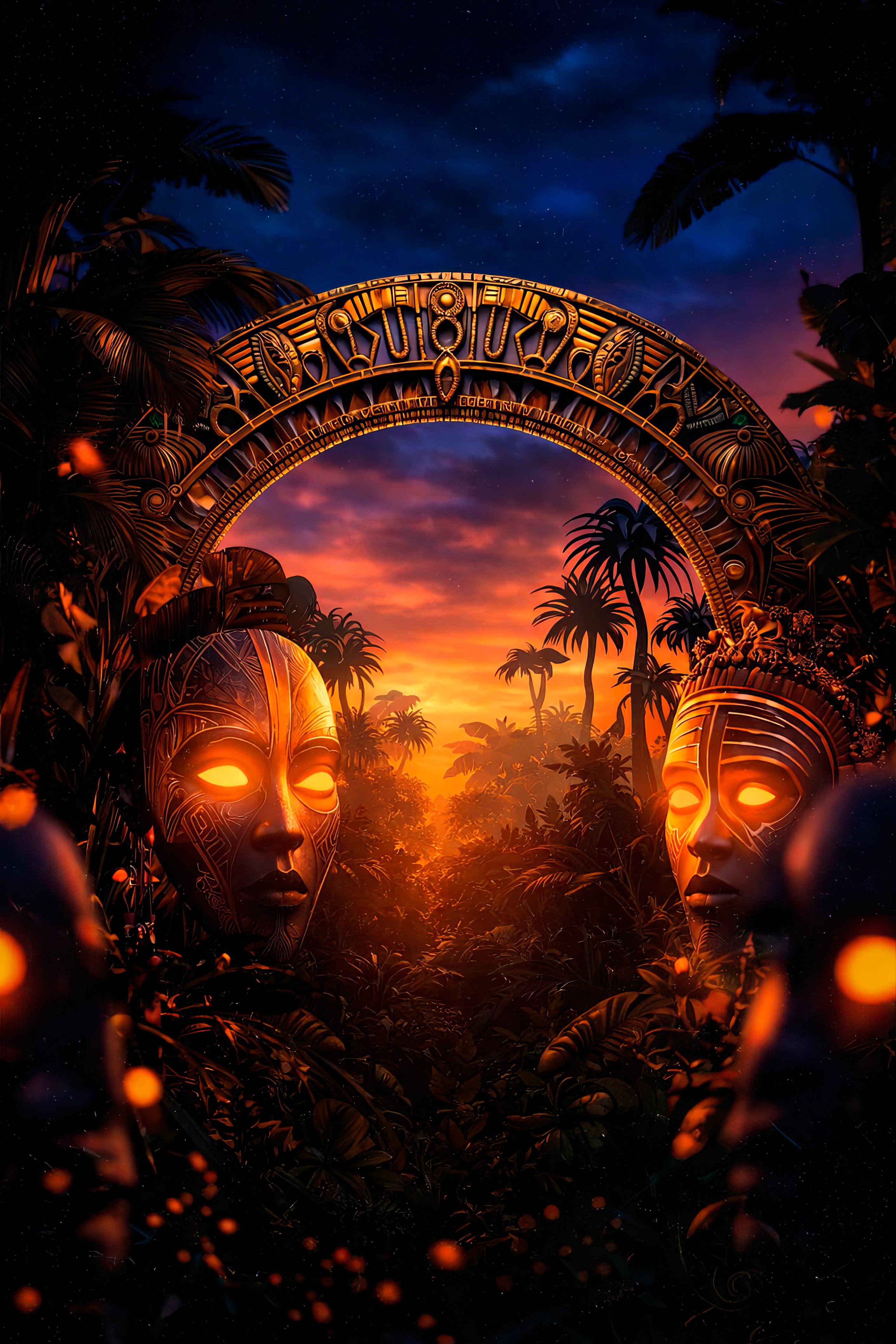 Mystic Jungle Portal With Glowing Ancestral Faces Background