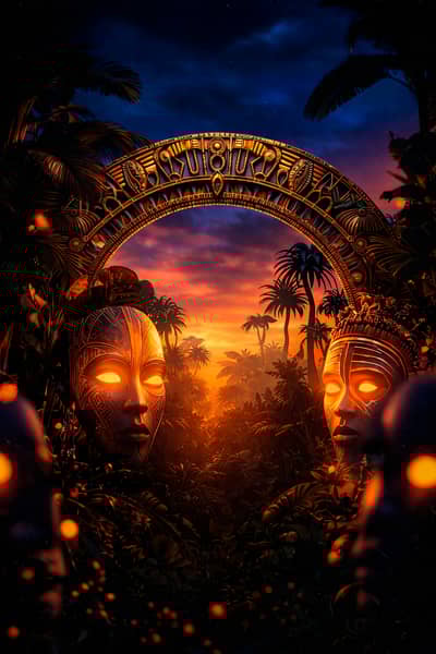 Mystic Jungle Portal With Glowing Ancestral Faces Background