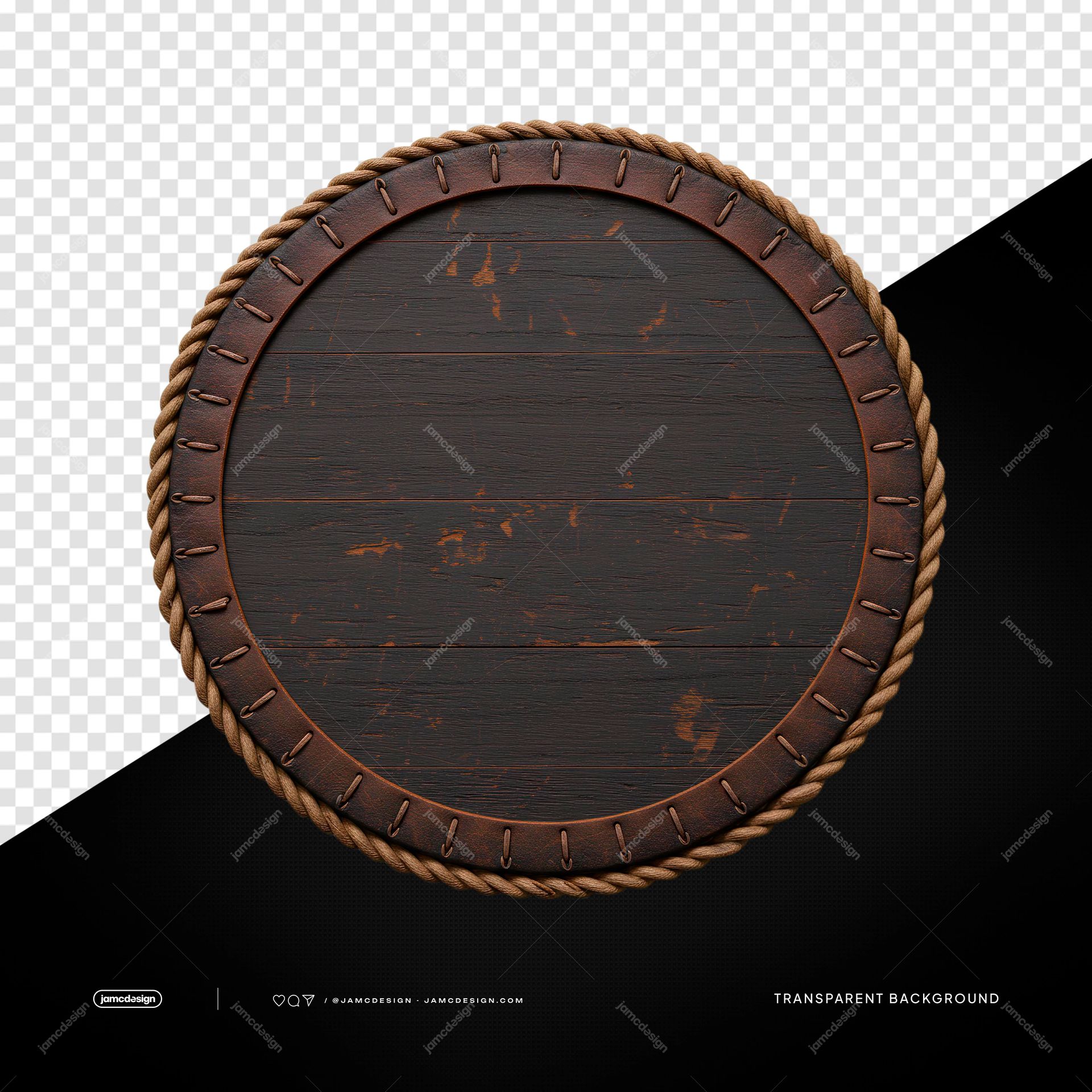 Dark Wood Round Plaque With Leather Rim PNG Transparent. Transparent PNG object featuring a round dark wood plaque with visible grain, distressed marks