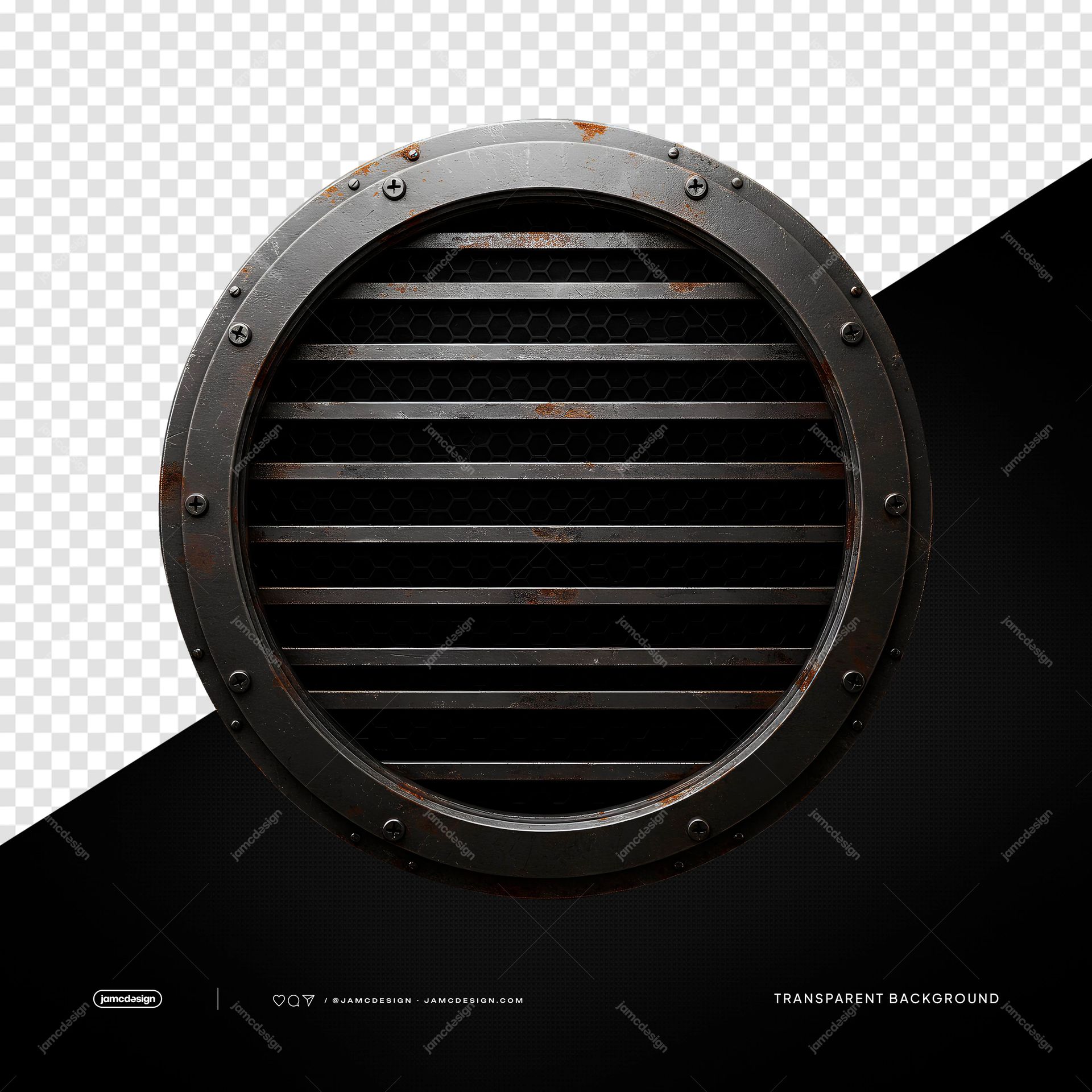 Rusty Round Metal Grille Dark Bars PNG Transparent. A PNG transparent object featuring a round metal grille with rust marks, bolts and dark bars