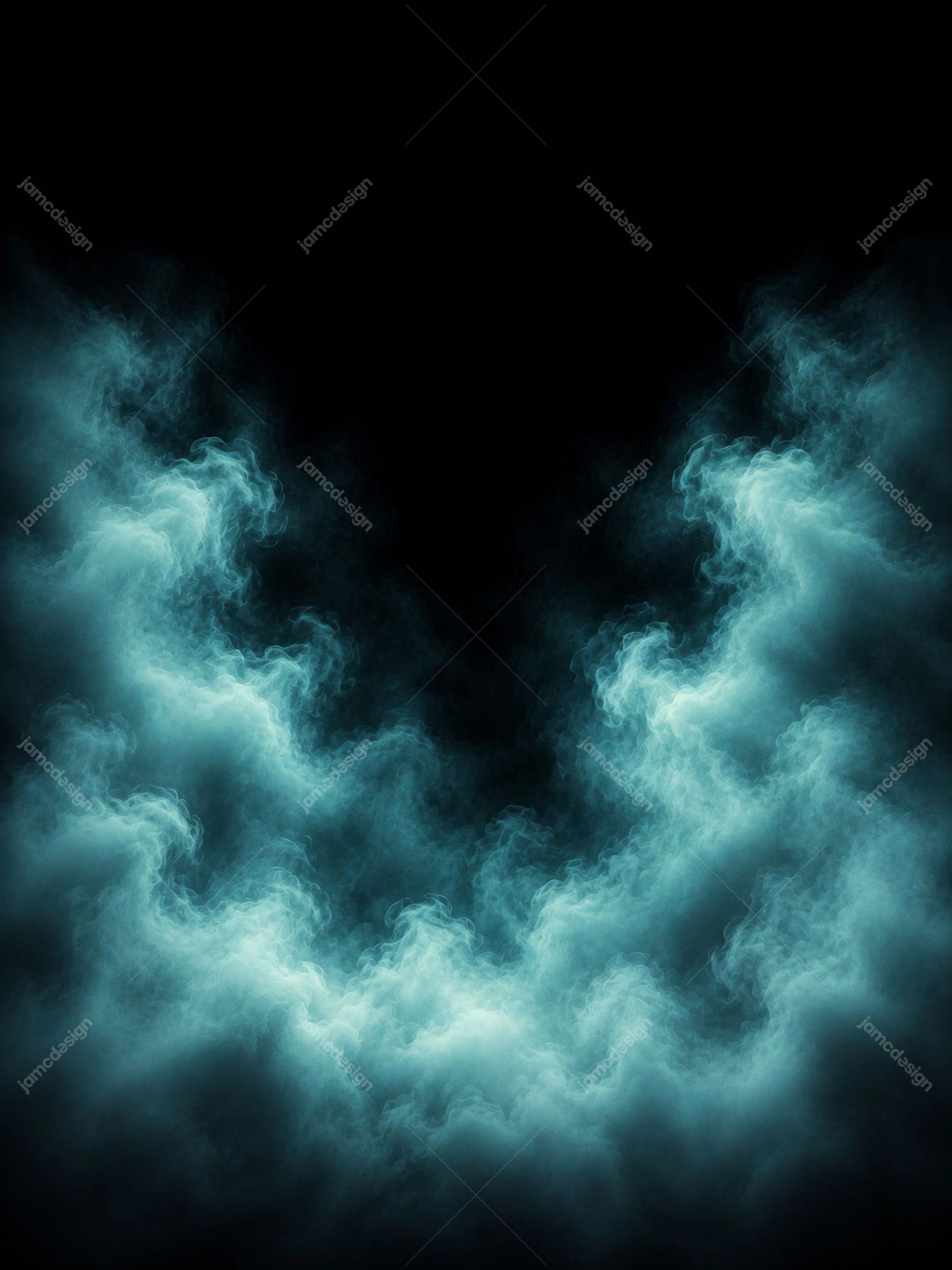 Nuvens de Fumaça Turquesa com Centro Preto Vertical. Esta textura de sobreposição em JPG mostra nuvens luminosas de fumaça turquesa se contorcendo ao redor