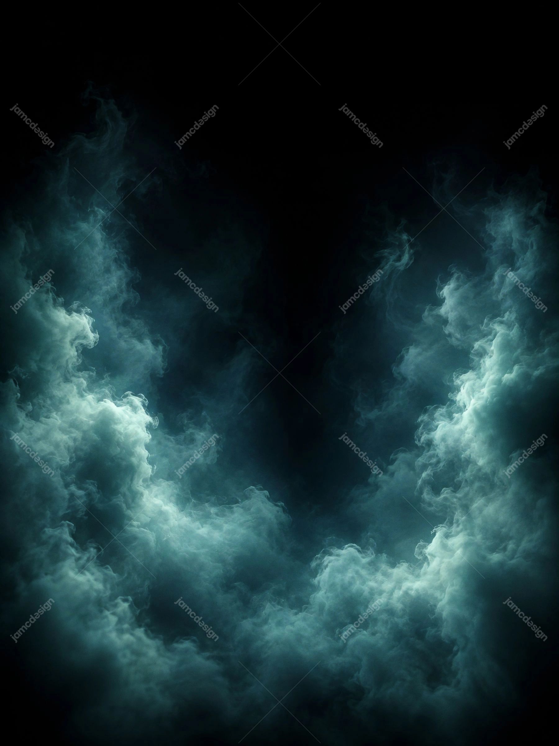 Fundo Vertical com Nuvens de Fumaça Verde-Azulada e Centro Escuro. Textura de sobreposição em JPG com nuvens de fumaça verde-azulada contornando um centro