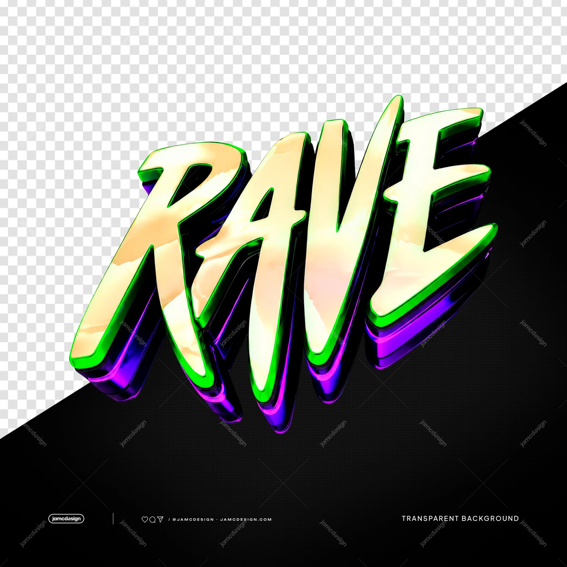 3D Neon Rave Party Neon Glow Lettering Text Effect PNG. PNG transparent object featuring bold 3D lettering with cream faces