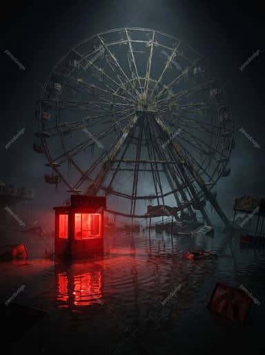 Flooded Abandoned Carnival Night Red Lit Ferris Wheel Background JPG