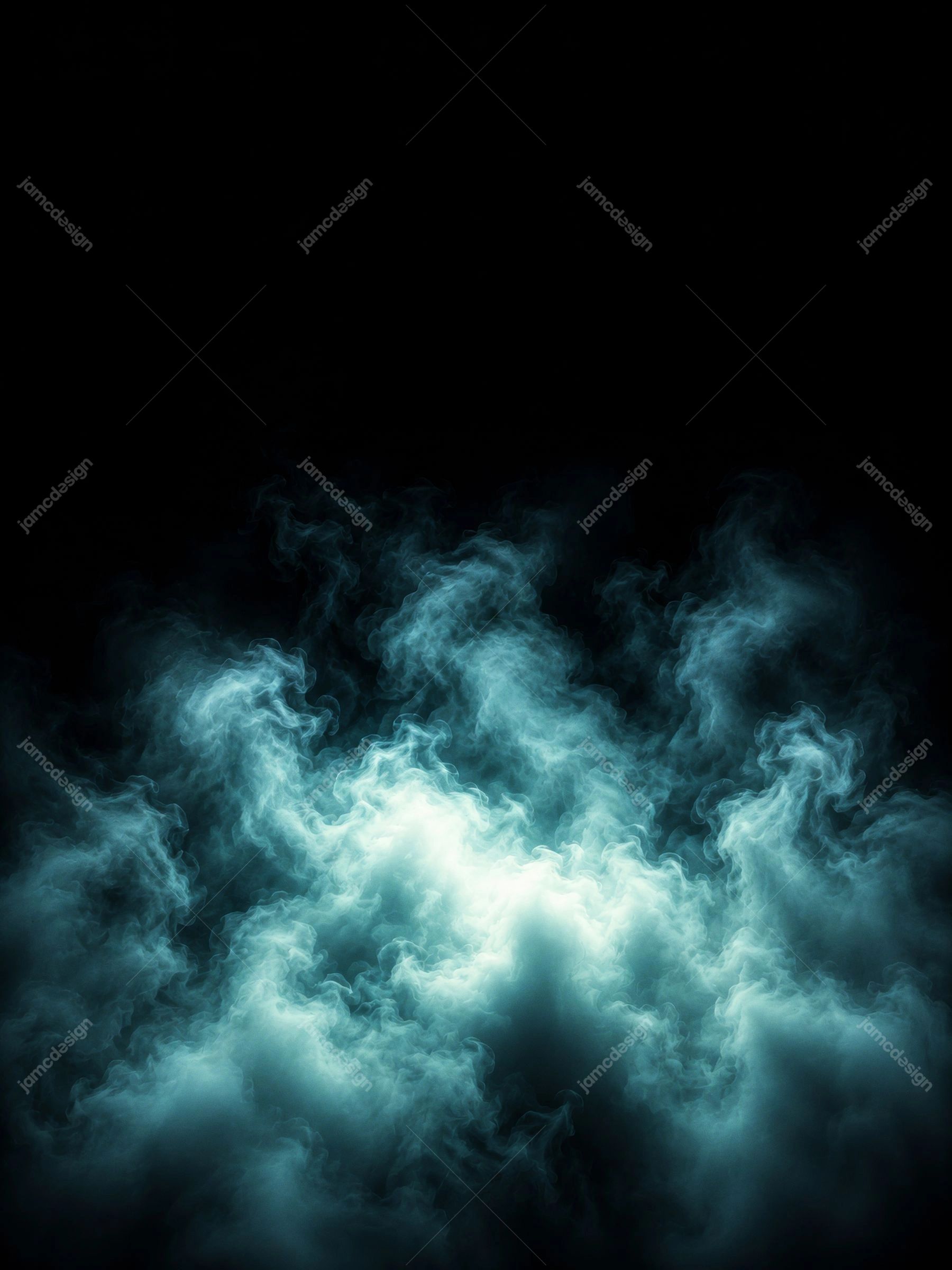 Nuvens de Fumaça Verde-Azulada com Fundo Escuro e Brilho de Vapor Ciano Vertical. Esta textura de sobreposição em JPG mostra nuvens luminosas de fumaça