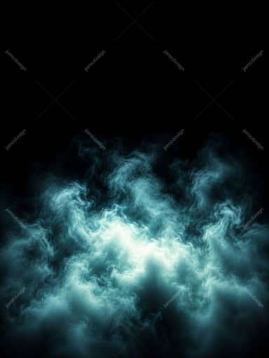 Nuvens de Fumaça Verde-Azulada com Fundo Escuro e Brilho de Vapor Ciano Vertical