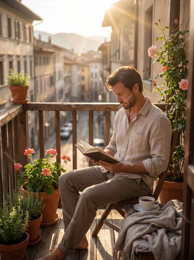 Man Reading Book On Cozy Balcony At Golden Hour