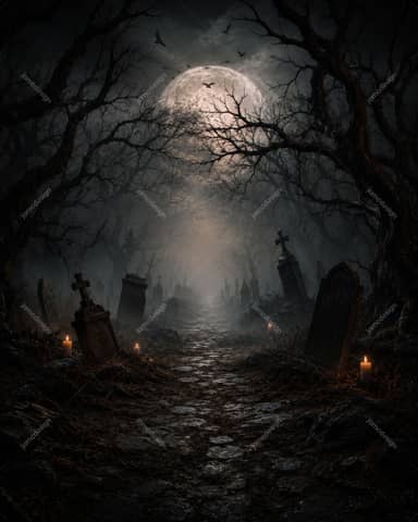 Dark Graveyard Path Full Moon Halloween Background