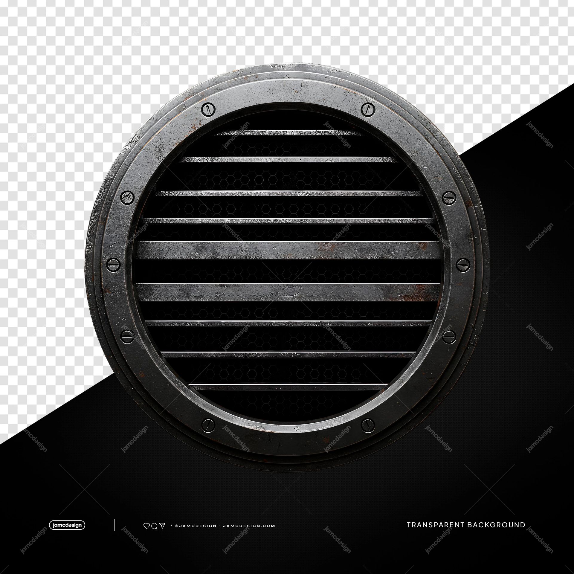Minimal Round Metal Grille Industrial Vent Transparent Object PNG. This PNG transparent object presents a circular metal grille with a dark interior, slats