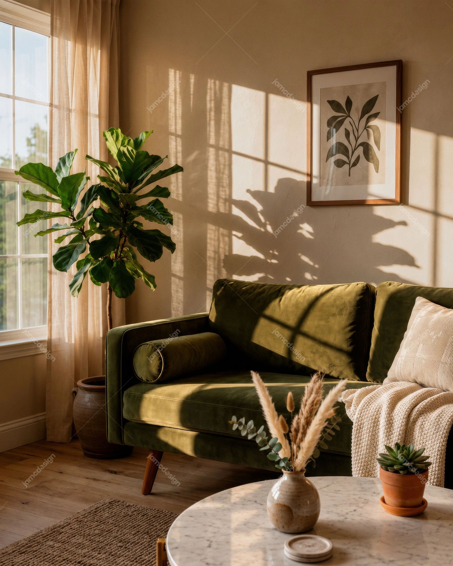 Modern Green Sofa Living Room Interior with Warm Sunlight
