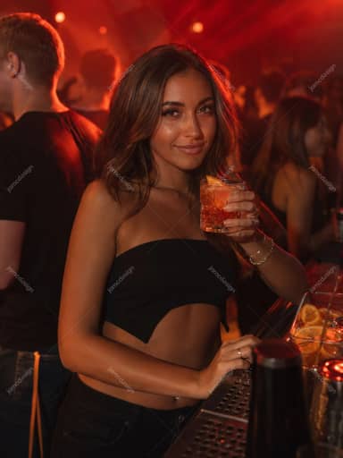 Woman Holding Crystal Cocktail In Warm Nightclub Lounge JPG