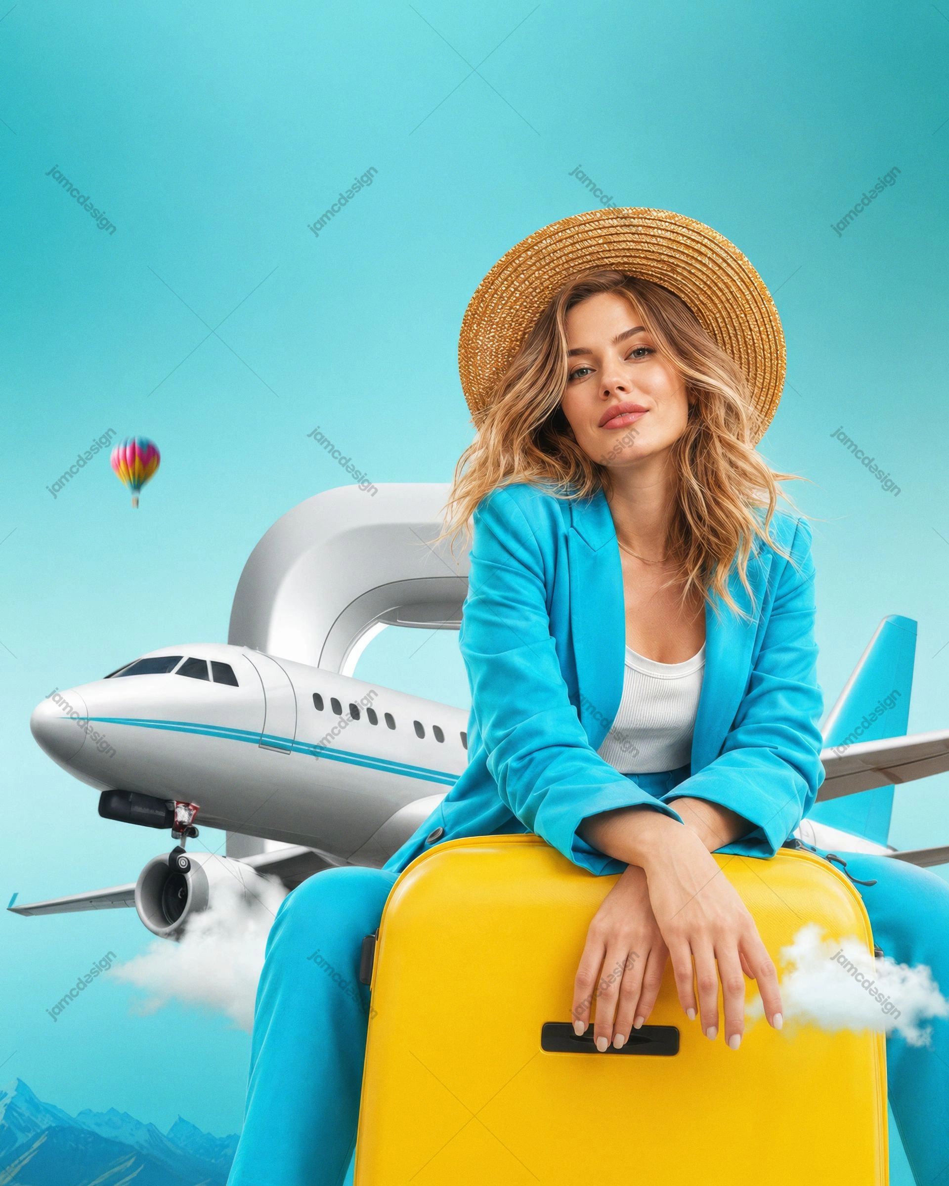 Female Traveler with Suitcase and Airplane Background. Travel photo showing a woman in a straw hat and turquoise blazer leaning on a yellow suitcase