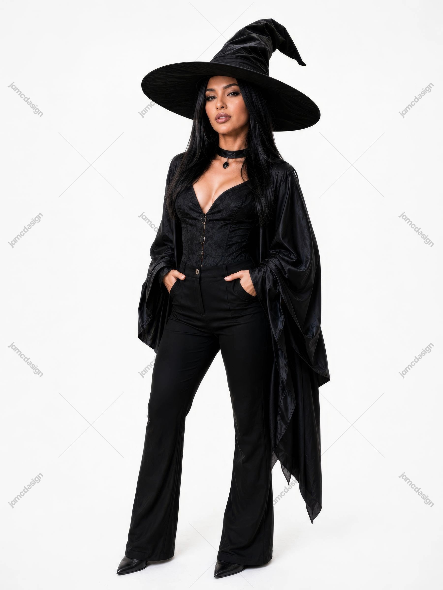 Elegant Witch Woman Black Costume Studio Dramatic Hat Portrait Photo. JPG photo of a woman in a black witch costume, wide hat and draped cape