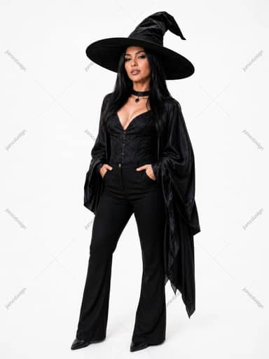 Photo de Sorcière Élégante en Costume Noir avec Chapeau Théâtral