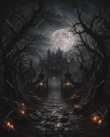 Haunted Mansion Path Full Moon Halloween Background
