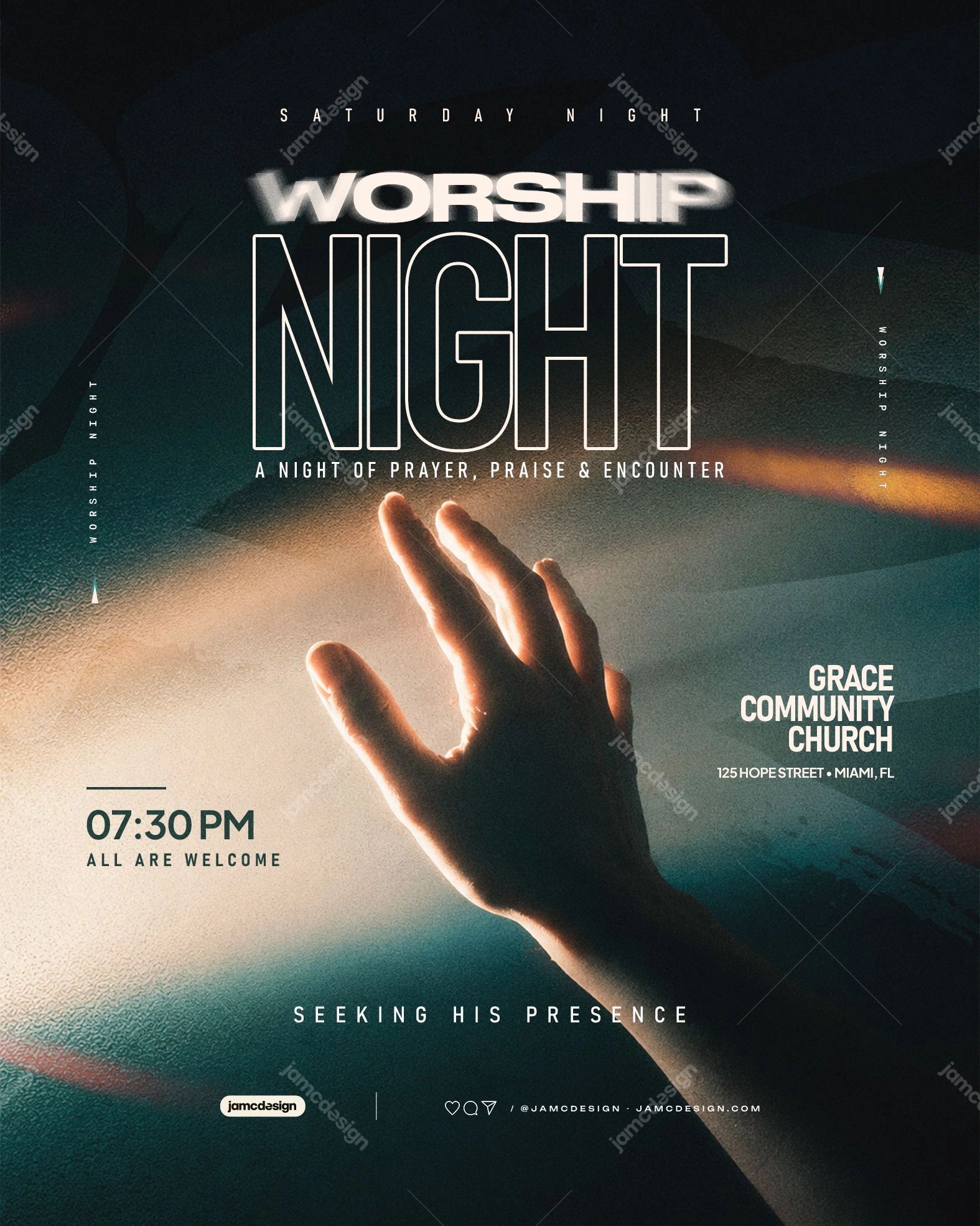 Modern Worship Night Church Social Media Flyer Design Template PSD Editable