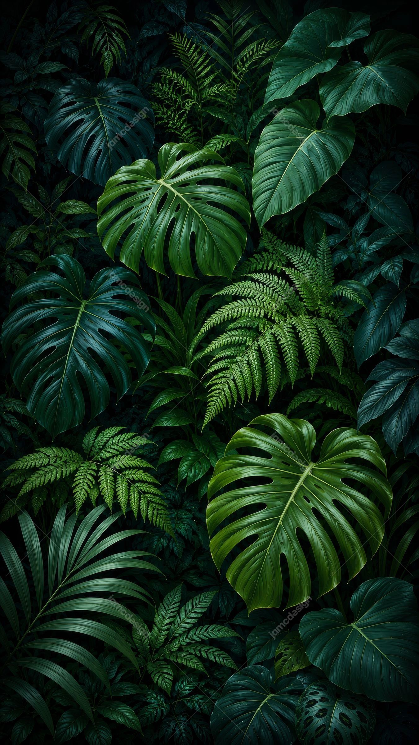 Deep Green Ferns and Monstera Jungle Foliage Background
