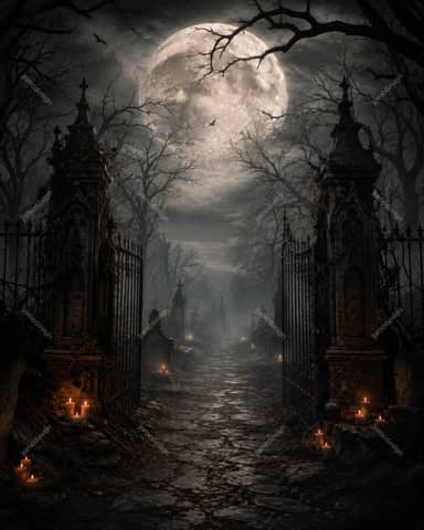 Gothic Graveyard Gate Full Moon Halloween Background