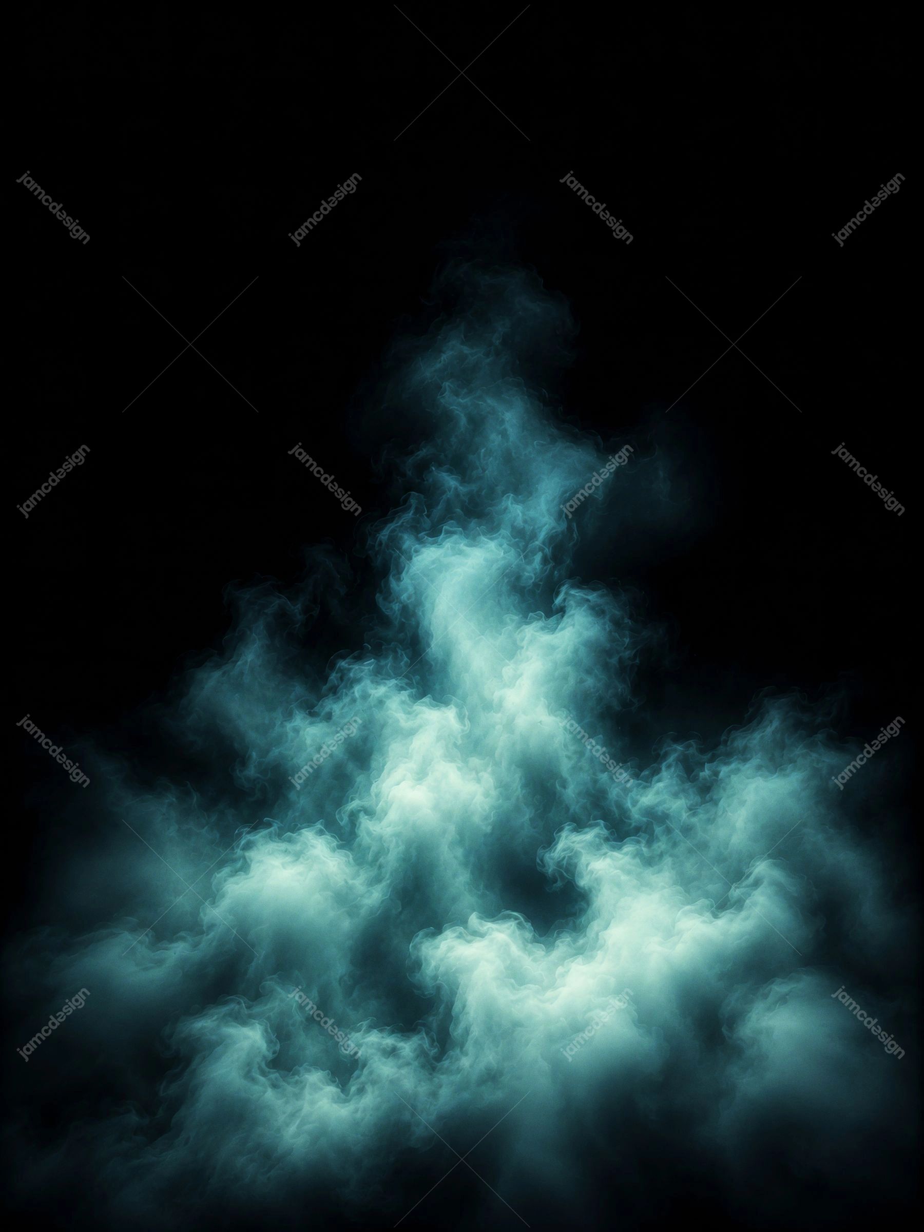 Fundo Escuro Vertical de Montanha de Fumaça Turquesa Luminosa. Textura de sobreposição em JPG com fumaça turquesa ondulante subindo contra um fundo quase