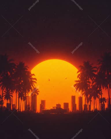 Fond de Ville Rétro au Coucher du Soleil avec Palmiers