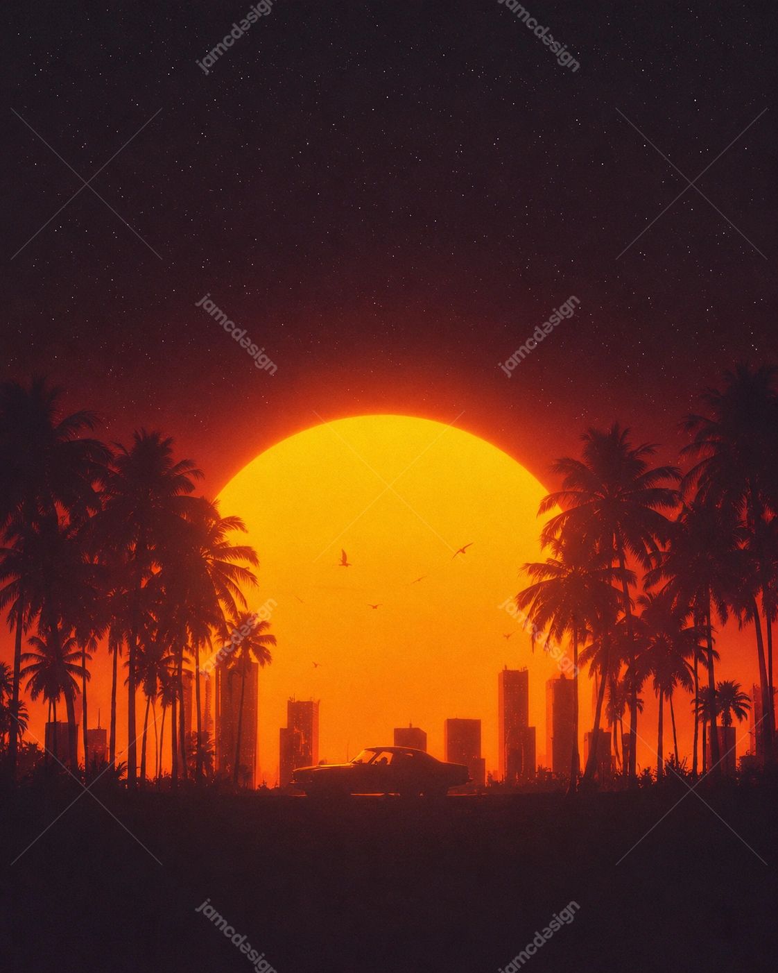 Retro Futuristic City Skyline Sunset with Palm Trees Background