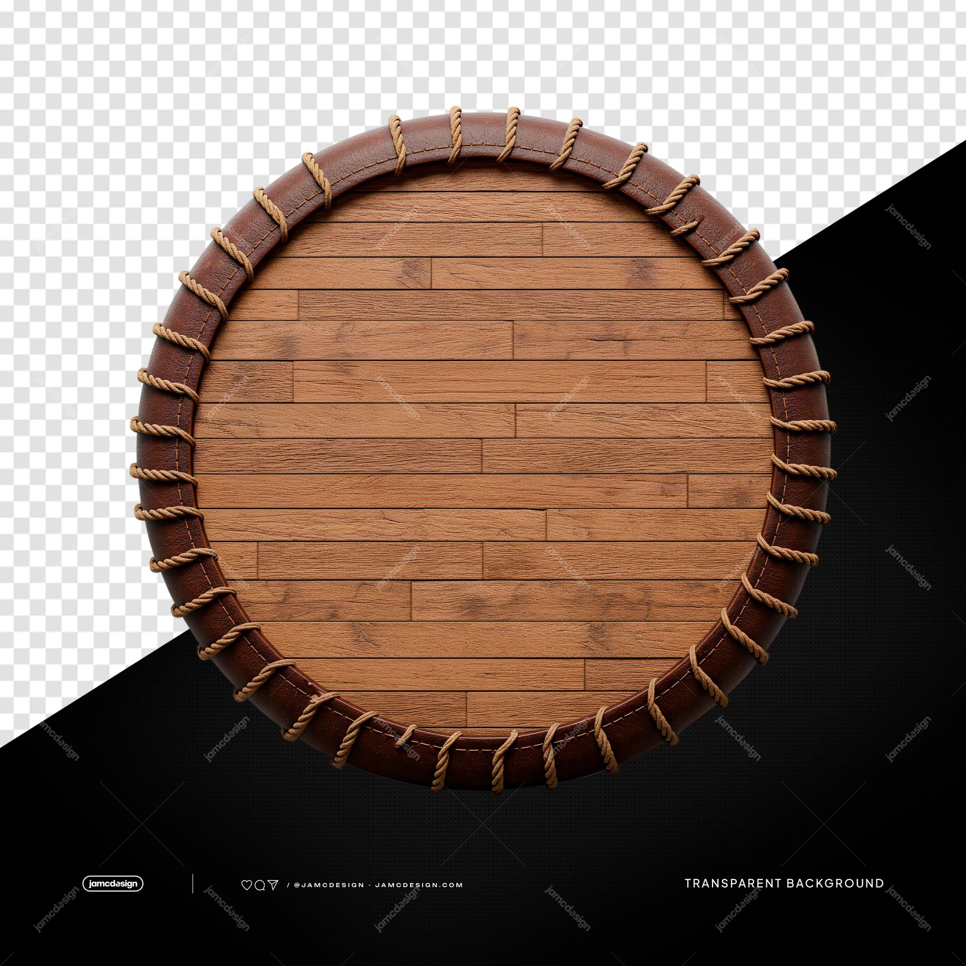 Light Wood Round Board With Rope Trim Dark Rope PNG Transparent. Transparent object PNG showing a realistic round wooden board made from planks