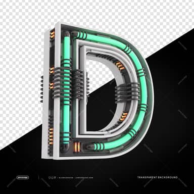 Letra D 3D Futurista Industrial Neon PNG Fundo Transparente