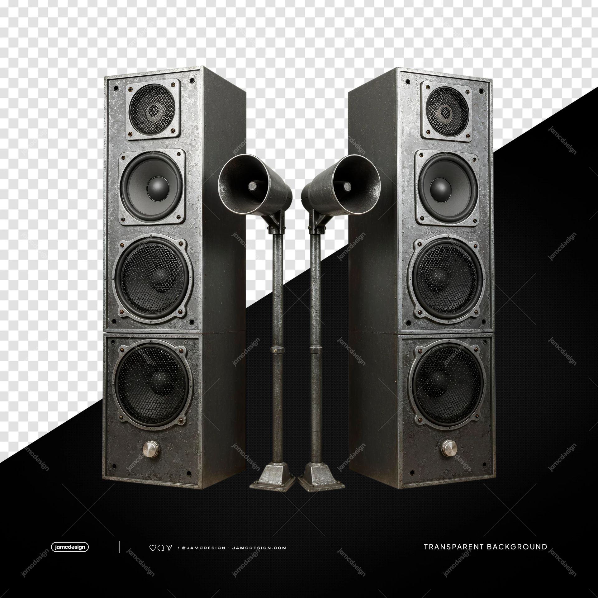 Altavoces de Torre Plateados Vintage con Bocinas PNG Transparent. Altavoces de torre plateados de estilo vintage con múltiples woofers