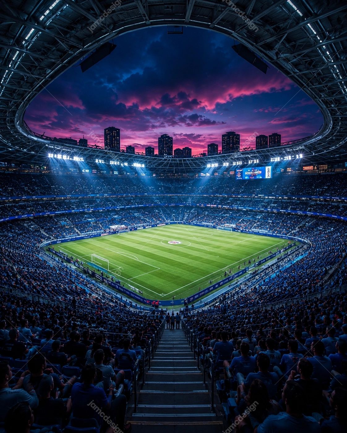 Cinematic World Cup 2026 Stadium Skyline Background. PNG background of a packed football stadium at dusk, with a vivid purple and pink sky