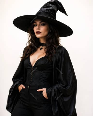 Photo de Portrait de Modèle Sorcière Gothique en Costume Noir Élégant