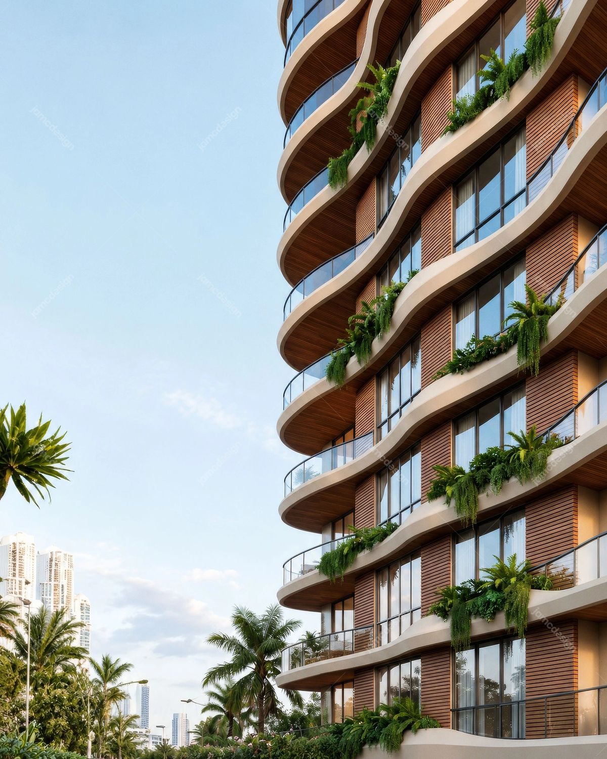 Luxury Modern Apartment Building with Curved Balconies and Tropical Plants