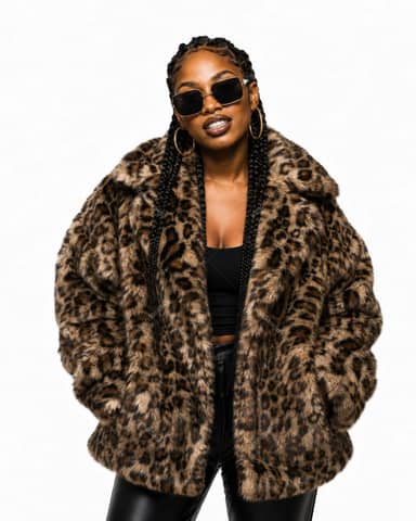 Fashion Woman In Oversized Leopard Coat Portrait