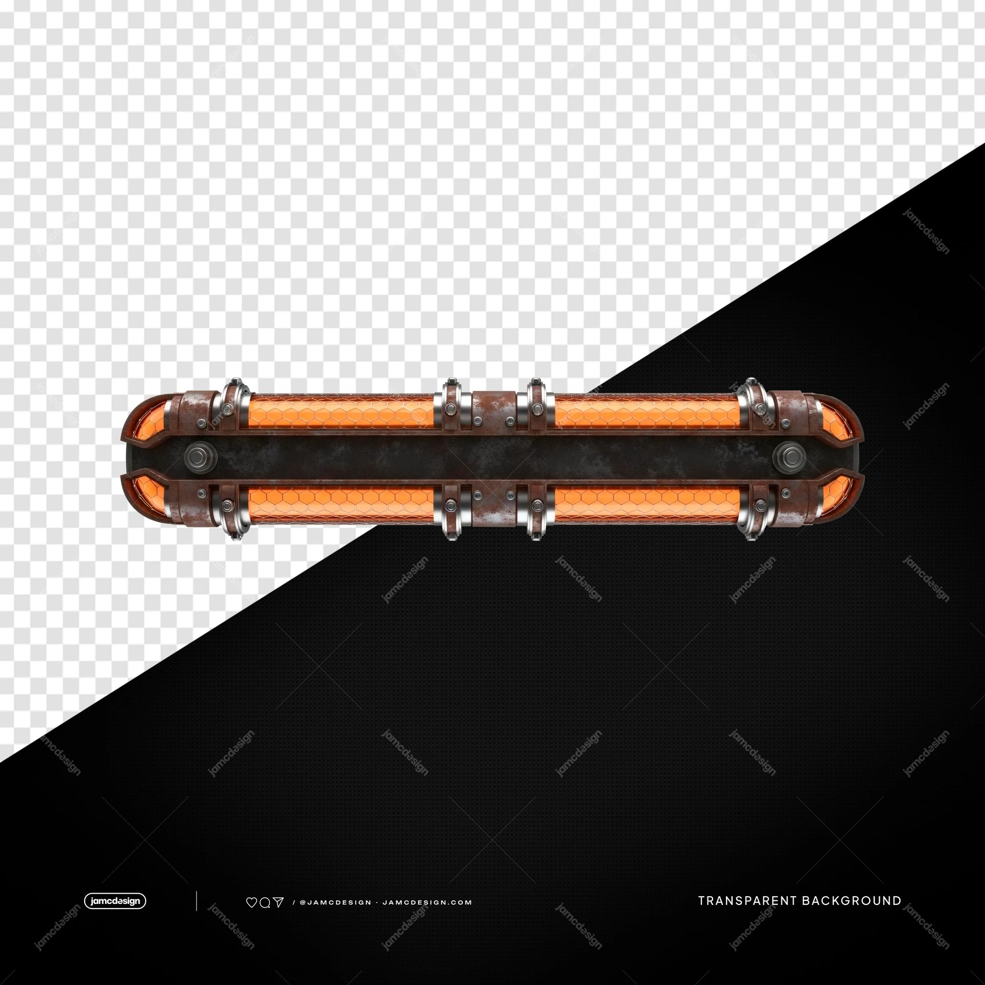 Lámpara Tubular LED Industrial Larga en Naranja y Ámbar de Metal PNG Transparente. Lámpara tubular LED industrial de color naranja