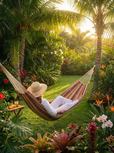 Woman Relaxing In Tropical Hammock Garden At Sunset