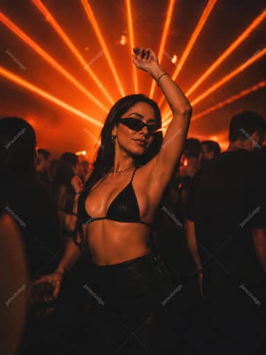 Young Woman Dancing Under Orange Club Laser Lights JPG