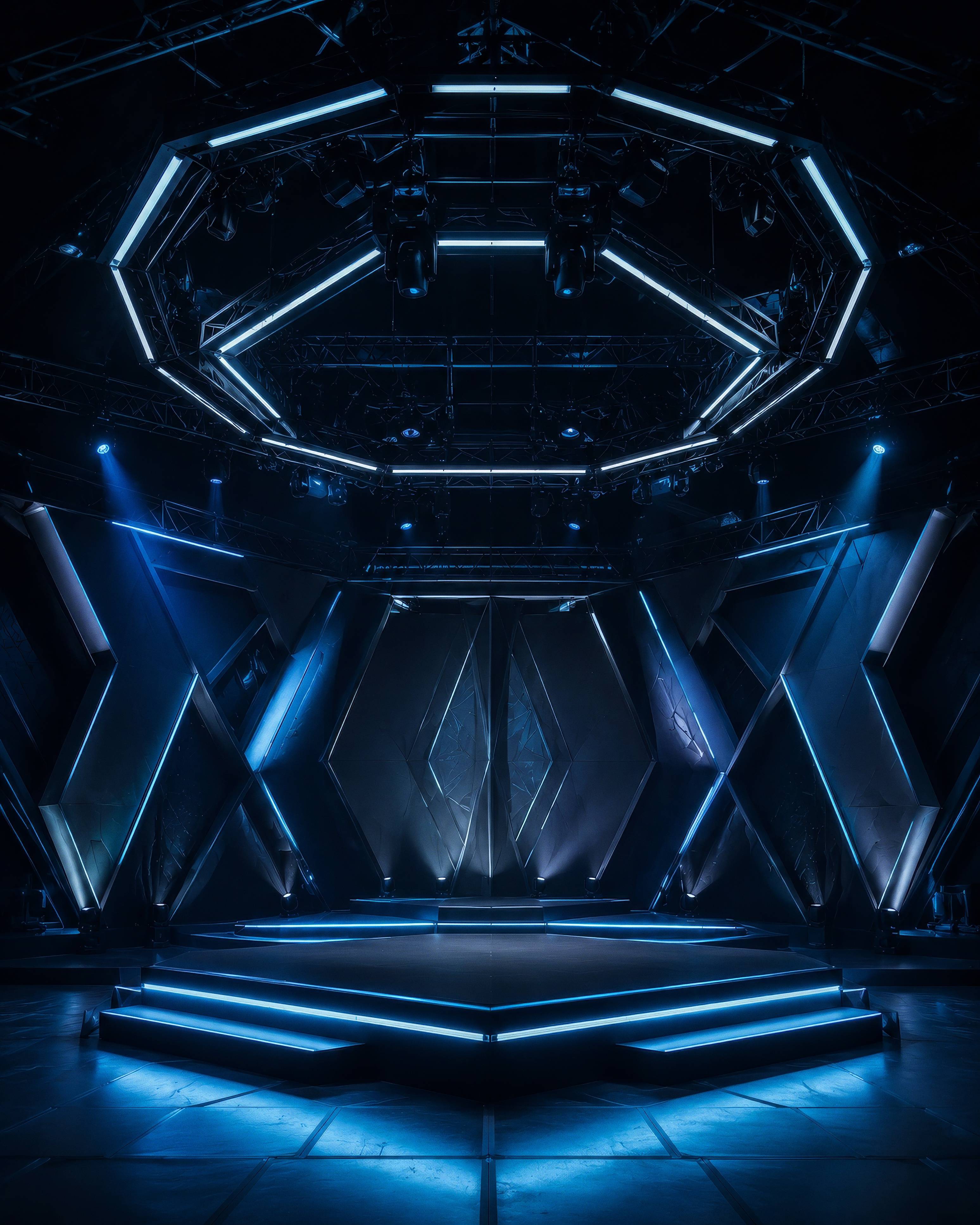 Modern Technology Stage with Neon Blue Lights Background