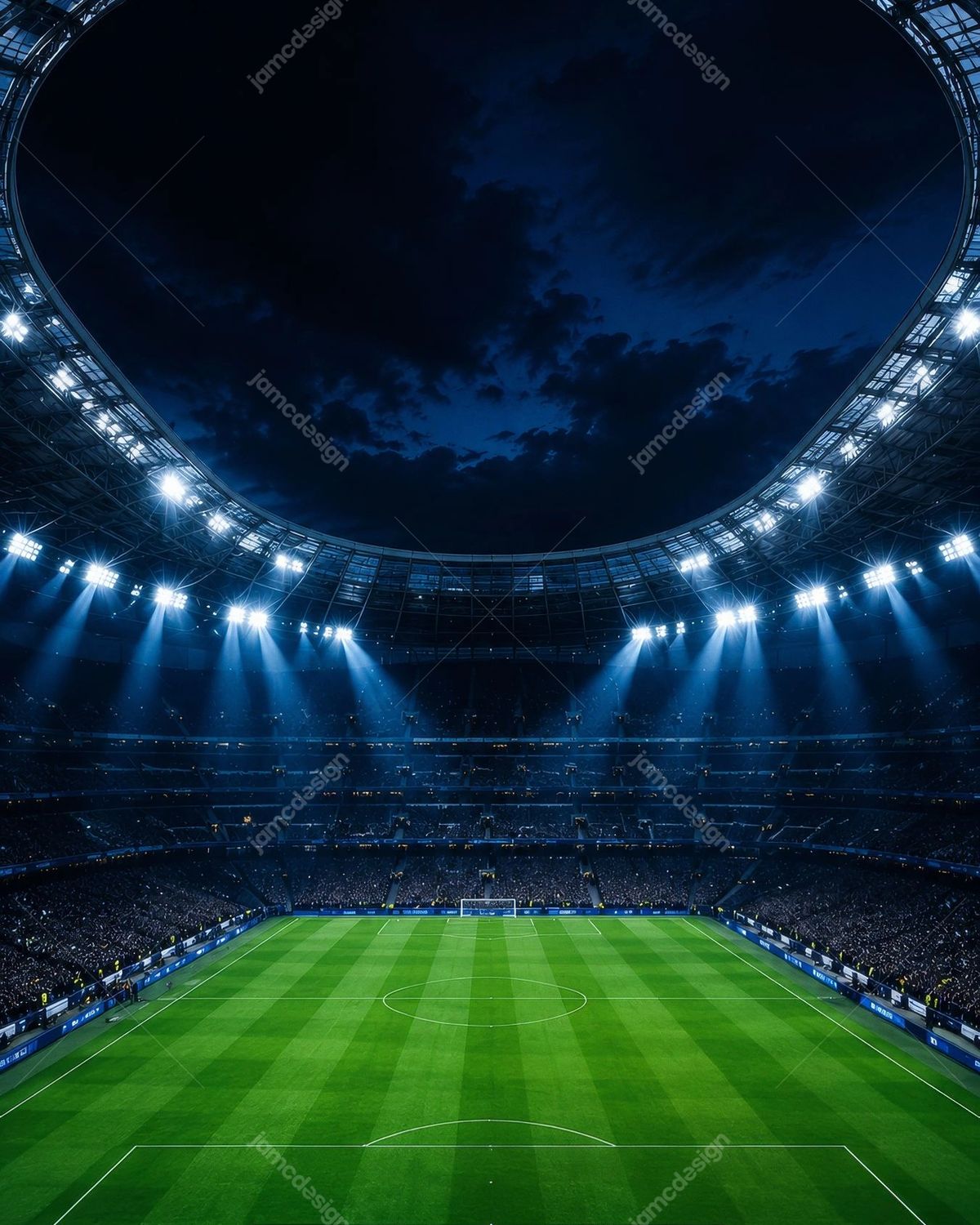Night Football Stadium with Floodlights and Green Field Background
