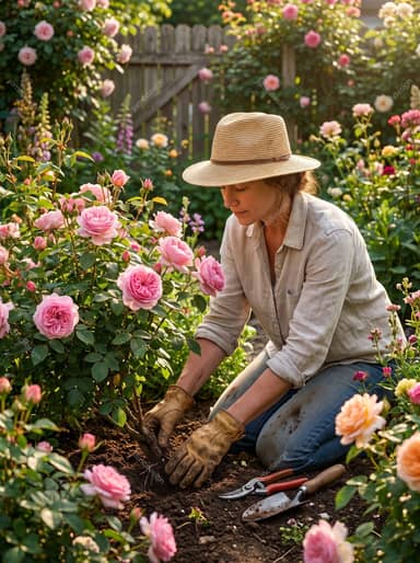 Woman Gardening And Caring For Pink Rose Bushes